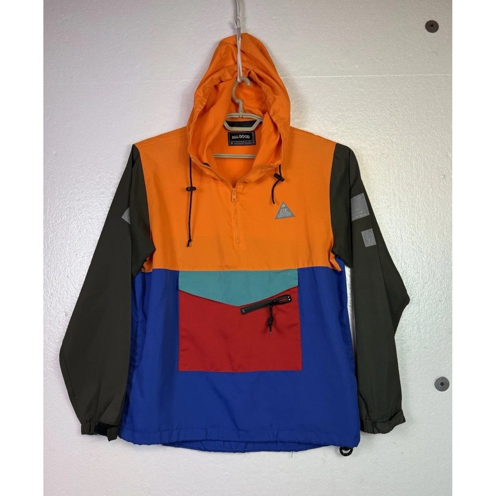 Vtg All Good California Outdoor Womens Windbreaker Sz M Hoodie Color block 1/4 Z